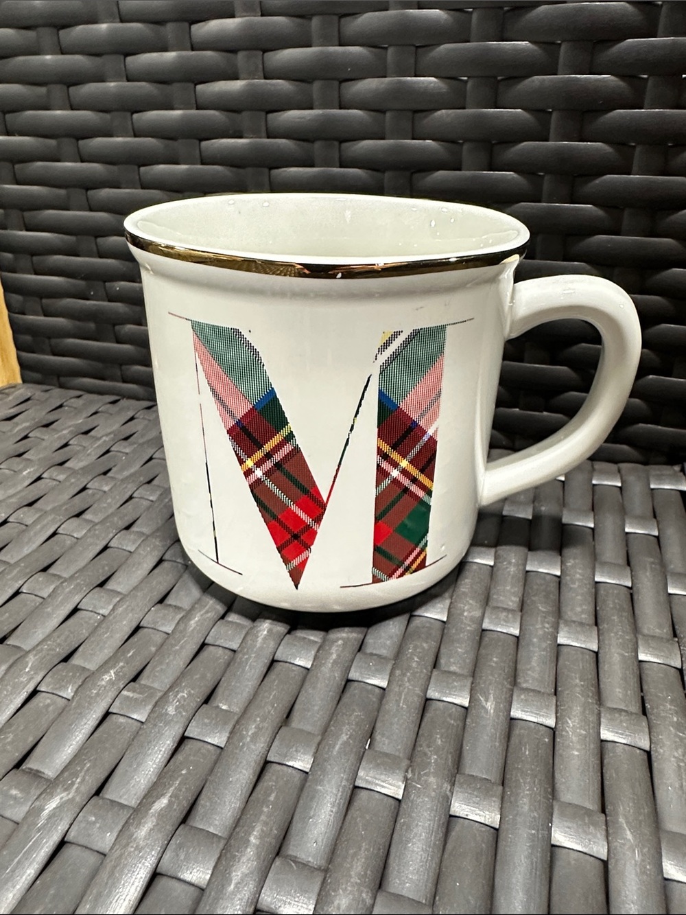 Pottery Barn White Ceramic Monogram 'M' Mug with Plaid Accent and Gold Rim